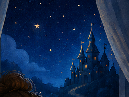A distant storybook castle under the night sky