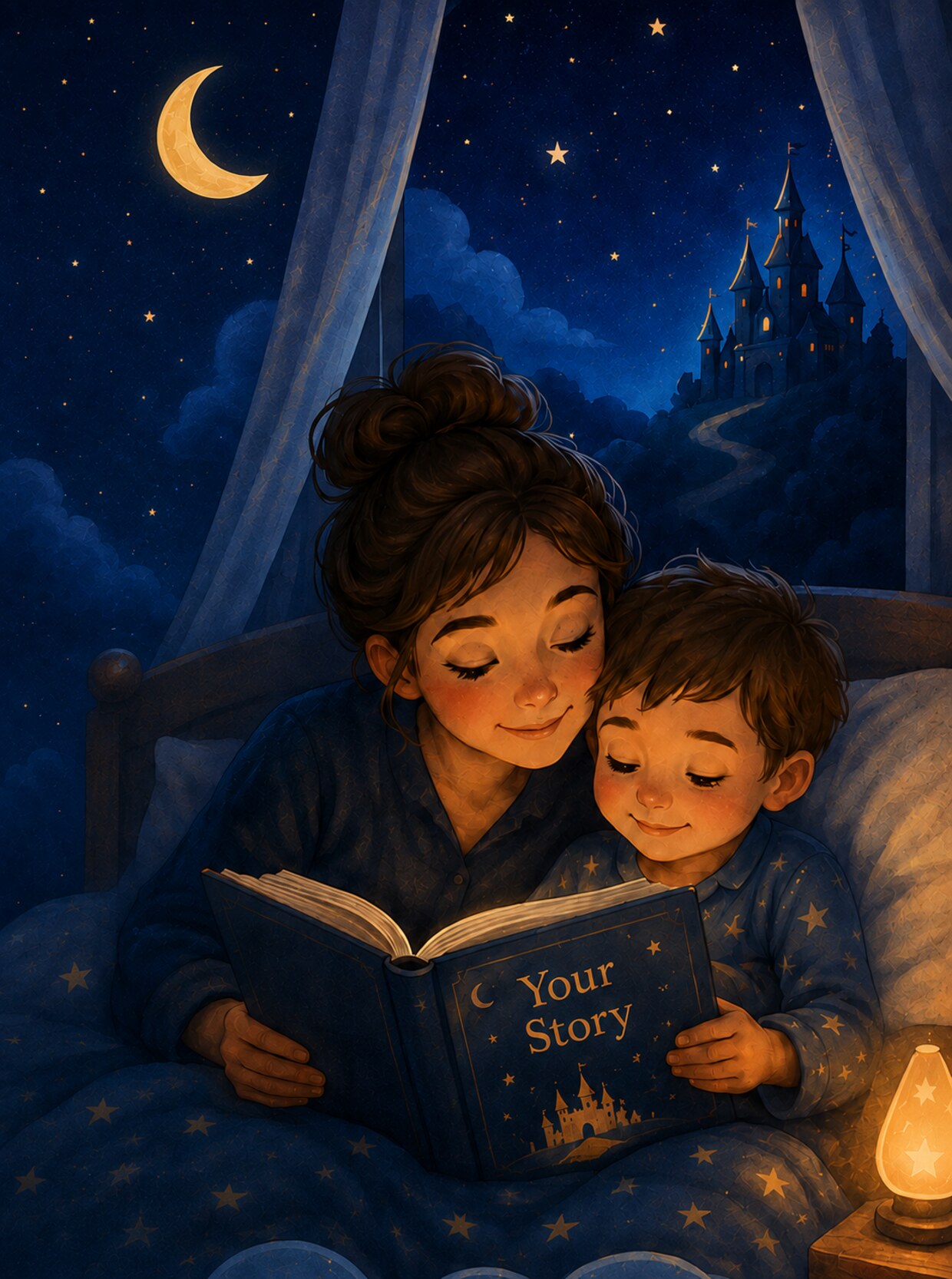 A parent and child reading a bedtime story together under a starry night sky
